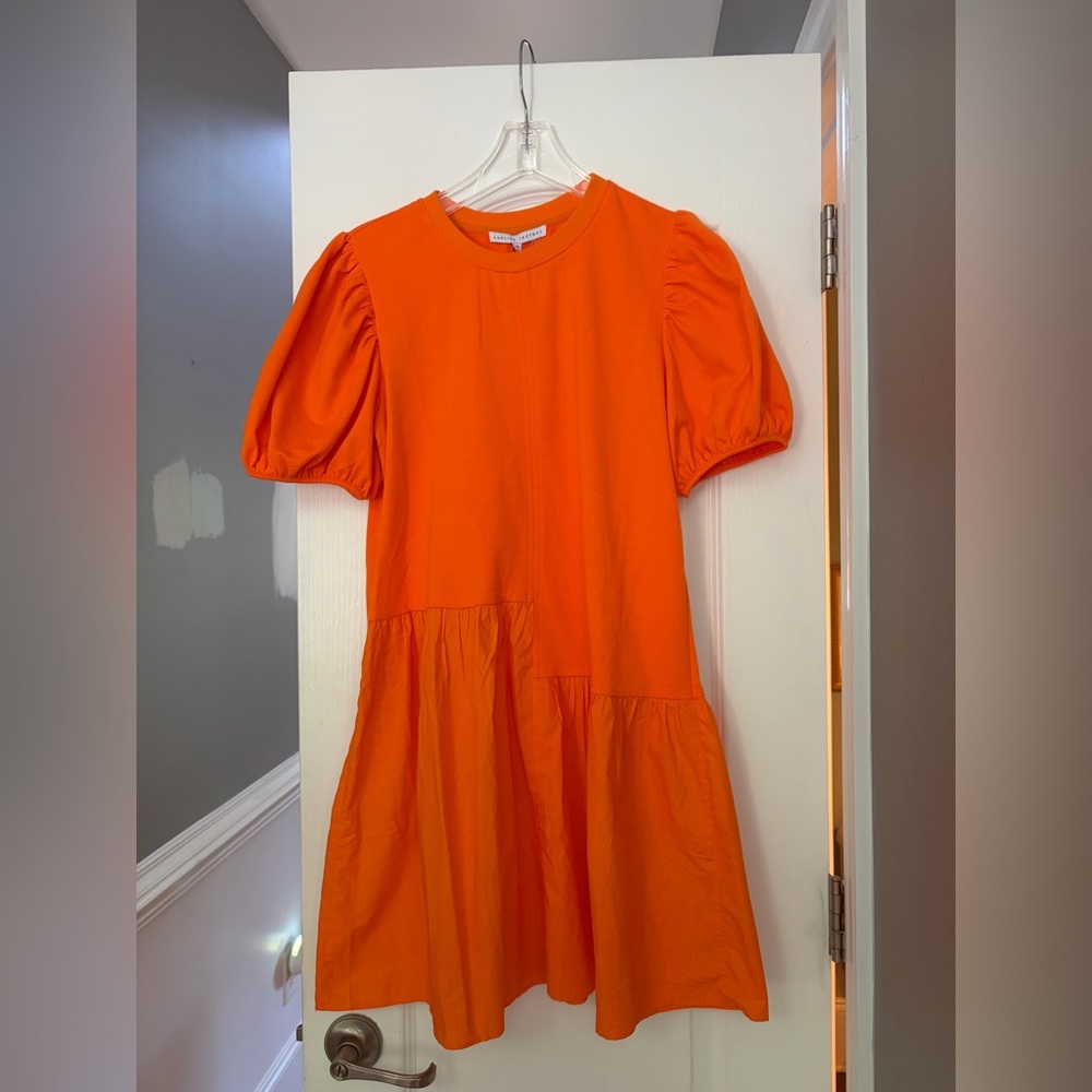 English Factory Bright Orange Puff Sleeve Tiered Dress